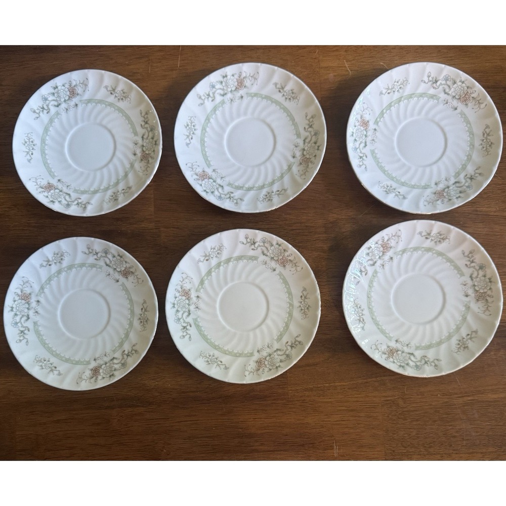H. Set of 6 Round Floral Saucers White/Green/Pink, Printed Backstamp China